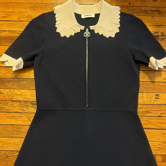Sandro Navy Blue Patterned Knit Zip-Up Mini Dress - Picture 2 of 13
